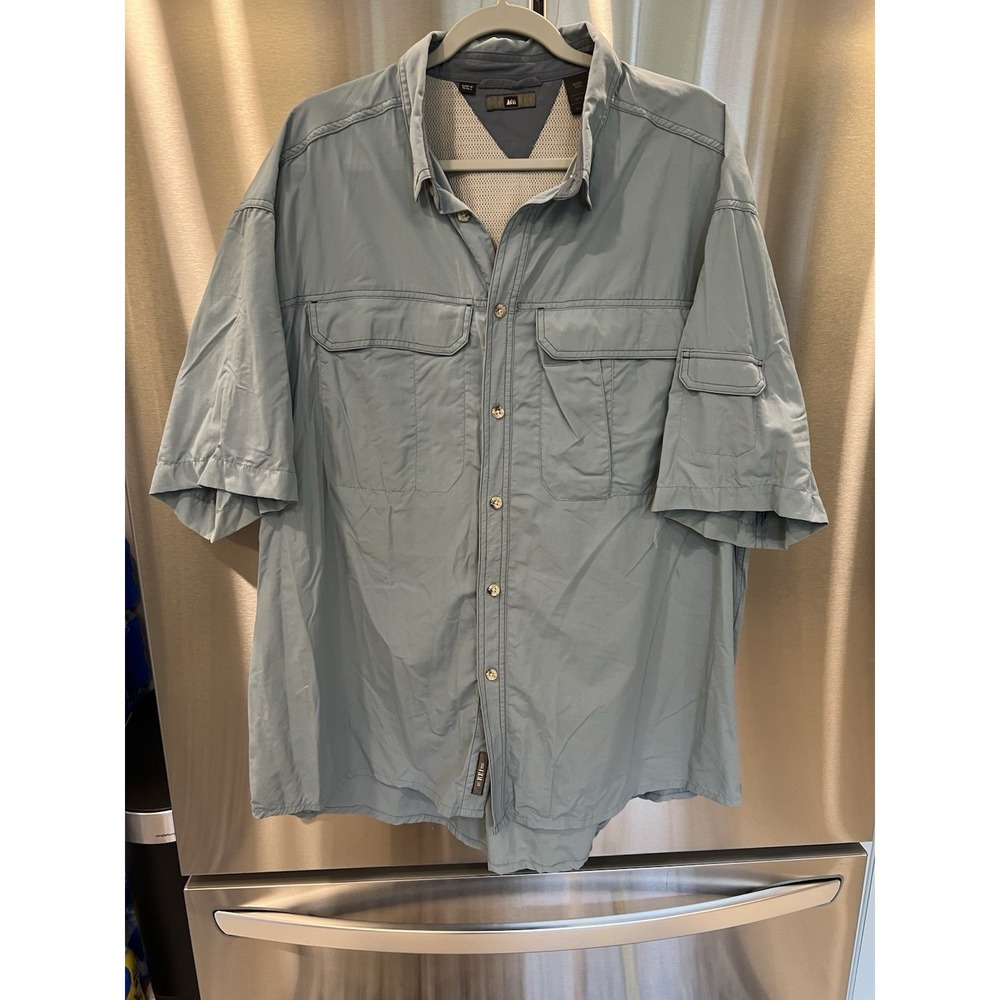 REI Men's XXL Fishing Hiking Shirt Blue UPF 30+ Short Sleeve Nylon Button Front
